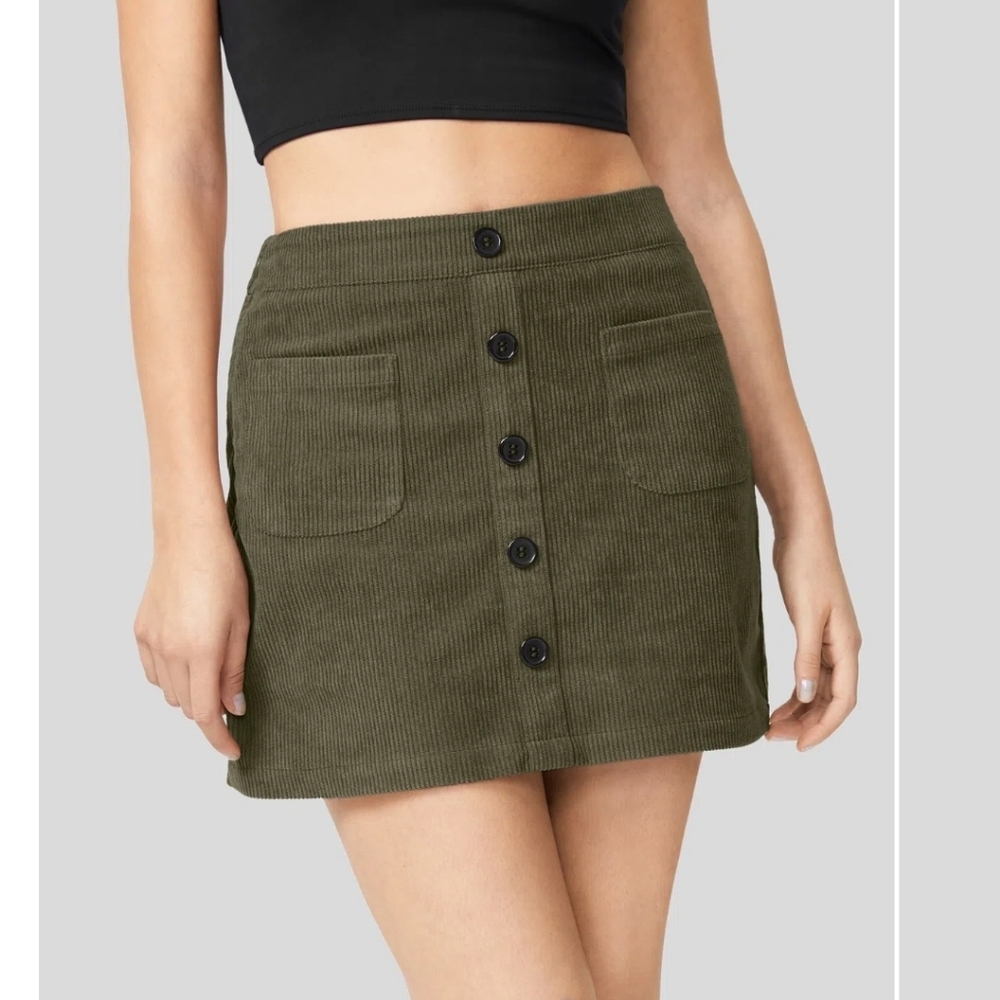 High Waisted Button Front Side Pocket Zipper 2-in-1 Corduroy Mini Casual Skirt
